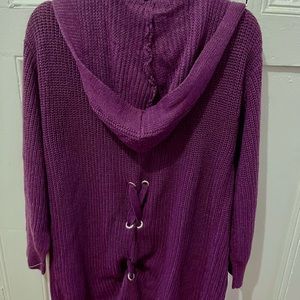 Knit Cardigan Hoodie w Corset Back Detail & pockets in Deep Purple / Plum